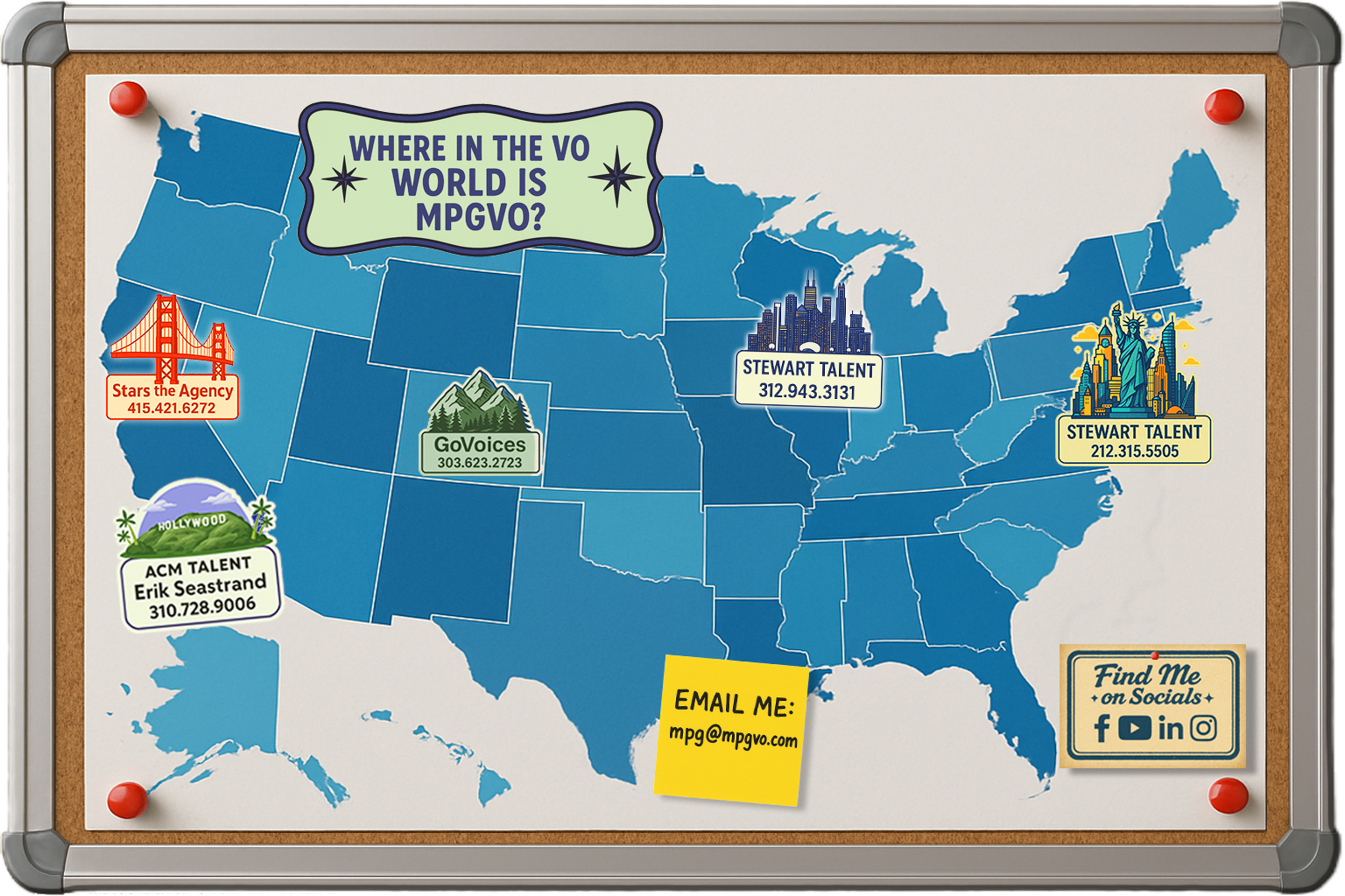 U.S. map with agency contact info for voice actor Michael P. Greco, including Stars the Agency, ACM Talent, GoVoices, and Stewart Talent in Chicago and New York.